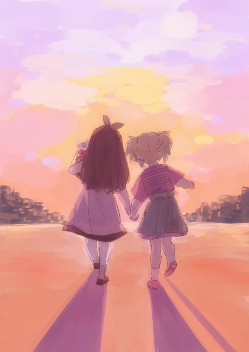 2girls blonde_hair blue_hair brown_hair brown_shoes child dress facing_away from_behind fujishima_megumi fujishima_megumi_(young) gradient_hair grey_skirt highres holding holding_hands l9525 leggings link!_like!_love_live! long_hair love_live! medium_dress medium_skirt mira-cra_park! multicolored_hair multiple_girls osawa_rurino osawa_rurino_(young) pink_shirt pink_shoes purple_dress shadow shirt shoe_soles shoes short_hair short_twintails skirt socks striped_clothes striped_shirt sunset twintails virtual_youtuber walking white_leggings white_socks