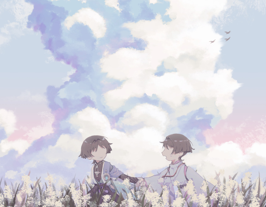 2boys asymmetrical_sleeves behind_another black_hair closed_mouth cloud cloud_focus cumulonimbus_cloud day dual_persona facing_another field flower flower_field following genshin_impact gradient_sky grey_sky holding_hands japanese_clothes kariginu long_sleeves looking_back meadow multiple_boys muted_color no_eyes open_mouth outdoors painterly pink_sky scaramouche_(genshin_impact) scaramouche_(kabukimono)_(genshin_impact) scenery short_hair simple_bird sky sky_focus smile sweatdrop time_paradox wanderer_(genshin_impact) wide_shot yobunkiii