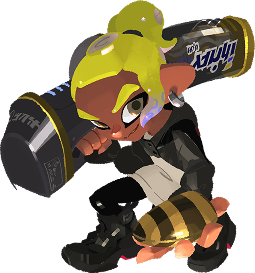 1girl black_footwear black_hood black_hoodie black_leggings black_sleeves blonde_hair charcoal_decavitator_(splatoon) clam clam_blitz colored_shoe_soles dark-skinned_female dark_skin decavitator_(splatoon) earrings grey_eyes grin hair_tie half_updo holding holding_weapon hood hood_down hoodie inoue_seita jewelry leggings legs_apart logo_print long_hoodie long_sleeves looking_at_viewer monster_girl nintendo octoling octoling_girl octoling_player_character octopus_girl official_art onyx_01sters_(splatoon) orca_bolero_(splatoon) pointy_ears ponytail presenting scylla second-party_source short_hair silver_earrings smile solo splatoon_(series) splatoon_3 squatting suction_cups teeth tentacle_hair toni_kensa_(splatoon) transparent_background two-tone_hoodie weapon white_background white_hoodie yellow_eyes