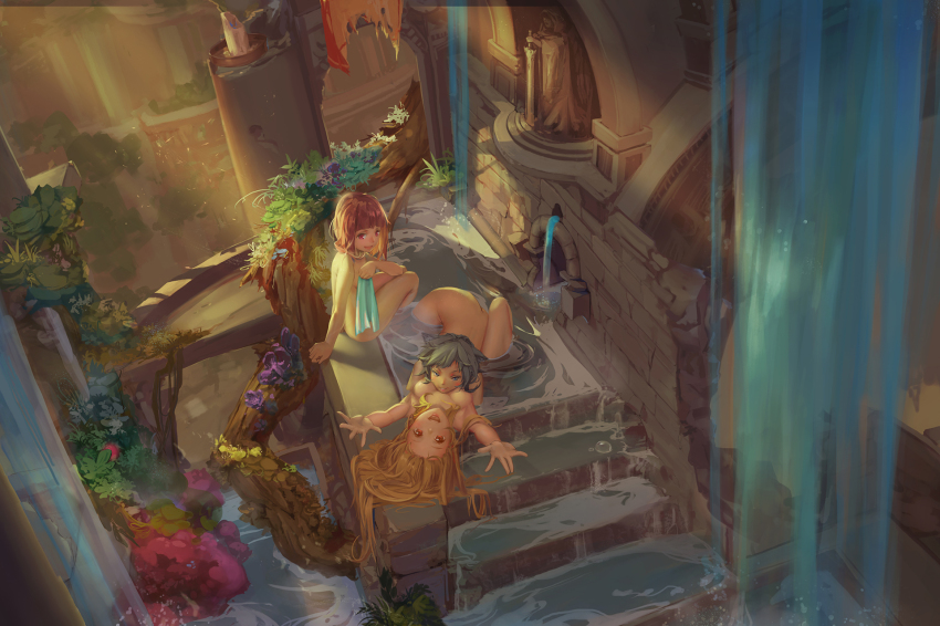 &gt;:) 3girls :d animal_ears arch arm_support back bad_id bad_pixiv_id bath between_breasts blonde_hair blue_eyes blunt_bangs breasts brown_hair bubble candle cloak covering_privates face_between_breasts flower from_above grey_hair grin head_between_breasts highres legs_together light_rays long_hair looking_at_viewer looking_back lying medium_breasts messy_hair multiple_girls nude on_back open_mouth original outdoors outstretched_arms overgrown red_eyes red_hair ruins same-sex_bathing shared_bathing short_hair sitting smile soaking_feet stairs statue sunbeam sunlight sword towel tree trunk v-shaped_eyebrows water waterfall weapon yellow_eyes yuho_(goodtest)