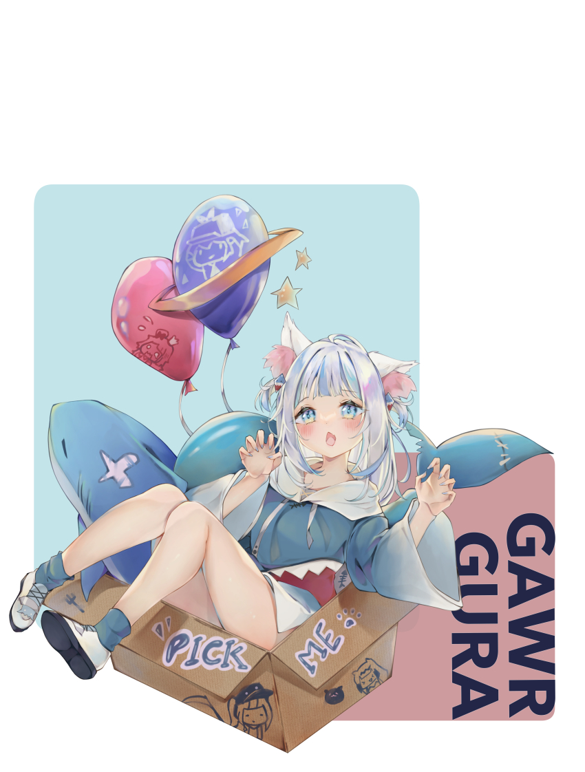 1girl absurdres animal_ears balloon blue_eyes blue_hair blue_hoodie box cardboard_box cat_ears cat_girl character_name chong_camellia claw_pose commentary english_commentary fins fish_tail full_body gawr_gura highres hololive hololive_english hood hood_down hoodie in_box in_container looking_at_viewer mori_calliope ninomae_ina&#039;nis paw_print shark_girl shark_tail tail takanashi_kiara takodachi_(ninomae_ina&#039;nis) trident_ornament virtual_youtuber watson_amelia wide_sleeves