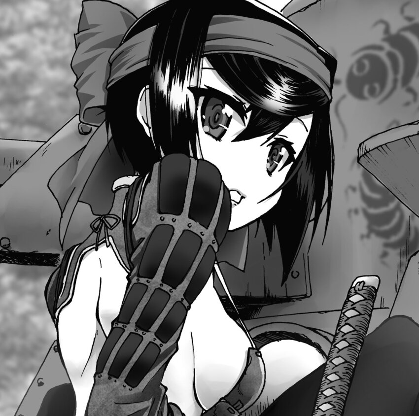 1girl armor backless_outfit bow fujimaru_arikui girls_und_panzer girls_und_panzer_ribbon_no_musha hair_bow highres japanese_armor katana looking_at_viewer military_vehicle monochrome motor_vehicle short_hair strapless sword tank tsuruki_shizuka weapon