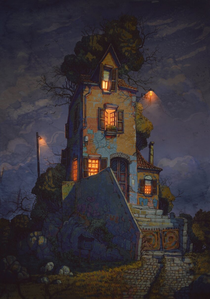 bird building chimney door drainpipe francisco_fonseca gate highres house lantern night night_sky no_humans open_window open_window_shutter original plant postbox_(outgoing_mail) power_lines rock sky stairs tree window window_blinds window_light window_shutter