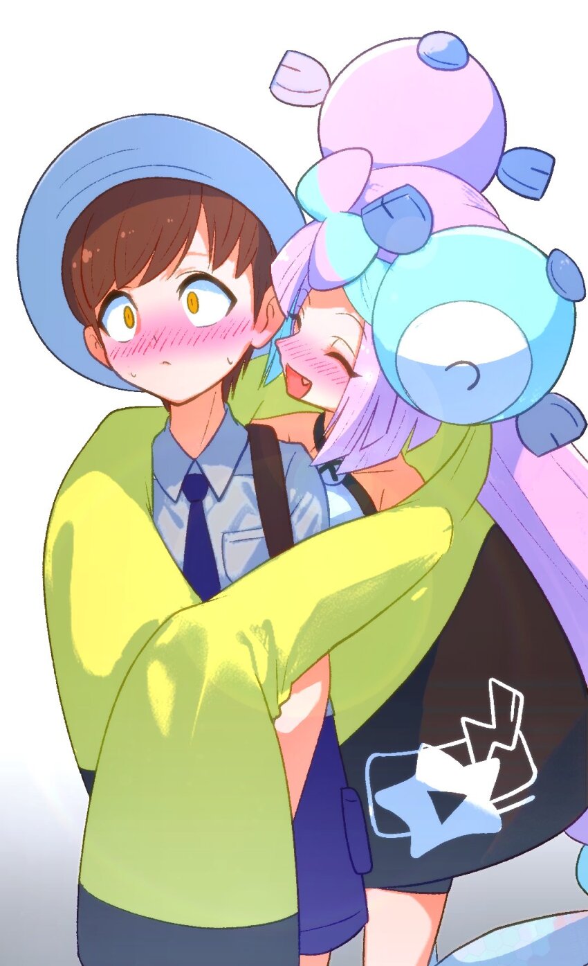 1boy 1girl blue_hair blush bow-shaped_hair brown_eyes brown_hair character_hair_ornament closed_eyes closed_mouth collared_shirt florian_(pokemon) hair_ornament hat hetero highres hug hug_from_behind iono_(pokemon) jacket kakk_e long_hair long_sleeves multicolored_hair necktie nintendo open_mouth pink_hair pokemon pokemon_sv school_uniform shirt short_hair sleeves_past_fingers sleeves_past_wrists two-tone_hair uva_academy_school_uniform very_long_hair white_background white_hat white_shirt yellow_jacket