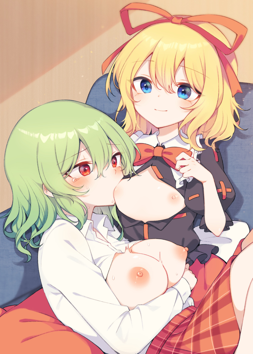 2girls black_shirt blonde_hair blue_eyes blush breast_sucking breasts breasts_out closed_mouth collared_shirt commentary_request couch green_hair hair_ribbon highres kazami_yuuka large_breasts long_hair lying_on_lap medicine_melancholy medium_hair multiple_girls nipples on_couch plaid_clothes plaid_skirt red_eyes red_ribbon red_skirt ribbon shirt sitting skirt small_breasts smile sweat tama_(soon32281) tears textless_version touhou variant_set white_shirt yuri