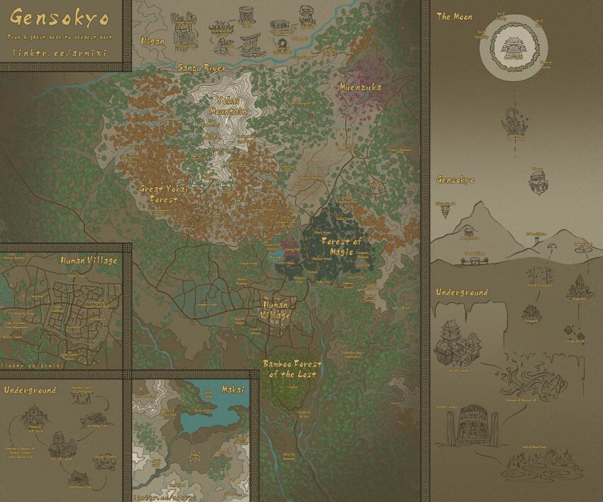 absurdres armixi06 bamboo bamboo_forest castle dream_world_(touhou) forest gensokyo hakurei_shrine highres lake makai_(touhou) map misty_lake moon mountain mugenkan nature no_humans river scarlet_devil_mansion shrine spacecraft temple touhou touhou_(pc-98) underground village