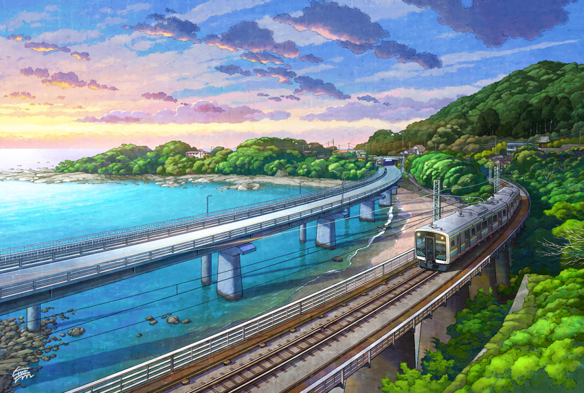 bridge cloud commentary_request east_japan_railway_company kamogawa_(chiba) lamppost mountain mugumo_24k multiple_unit_train no_humans ocean original outdoors overhead_line power_lines railroad_tracks real_world_location revision road rock scenery train water