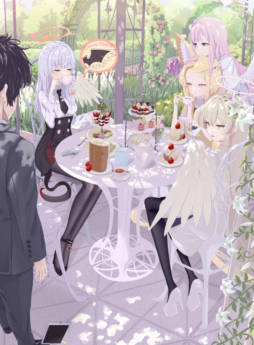 1boy 4girls absurdres angel_wings animal_ear_fluff animal_ears black_hair black_necktie black_pantyhose black_skirt blonde_hair blue_archive bow braid bright_pupils brown_hair buttons cake capelet collared_shirt commentary cup dappled_sunlight day demon_girl demon_tail double-breasted drinking english_text extra_ears feathered_wings floppy_ears flower food forehead formal_clothes fox_ears fox_girl fruit full_body garden grey_hair grey_suit hair_bow hair_flower hair_ornament halo hand_up haruna_(blue_archive) high-waist_skirt high_heels highres holding holding_cup hug hug_from_behind la_la_la_rarmin leaf_hair_ornament legs_together long_hair long_sleeves looking_at_another low_wings macaron mika_(blue_archive) multiple_girls nagisa_(blue_archive) necktie no_headwear on_chair open_mouth outdoors pantyhose parted_bangs pink_bow pink_eyes pink_flower pink_hair pink_halo pink_rose rose sandwich school_uniform seia_(blue_archive) sensei_(blue_archive) shirt short_hair single_braid single_wing sitting skirt smile speech_bubble spiked_hair standing star_(symbol) strawberry suit sunlight sweatdrop sweets swiss_roll table tail tea tea_party_(blue_archive) teacup teapot trembling watermark white_capelet white_flower white_pupils white_shirt white_wings wings yellow_eyes
