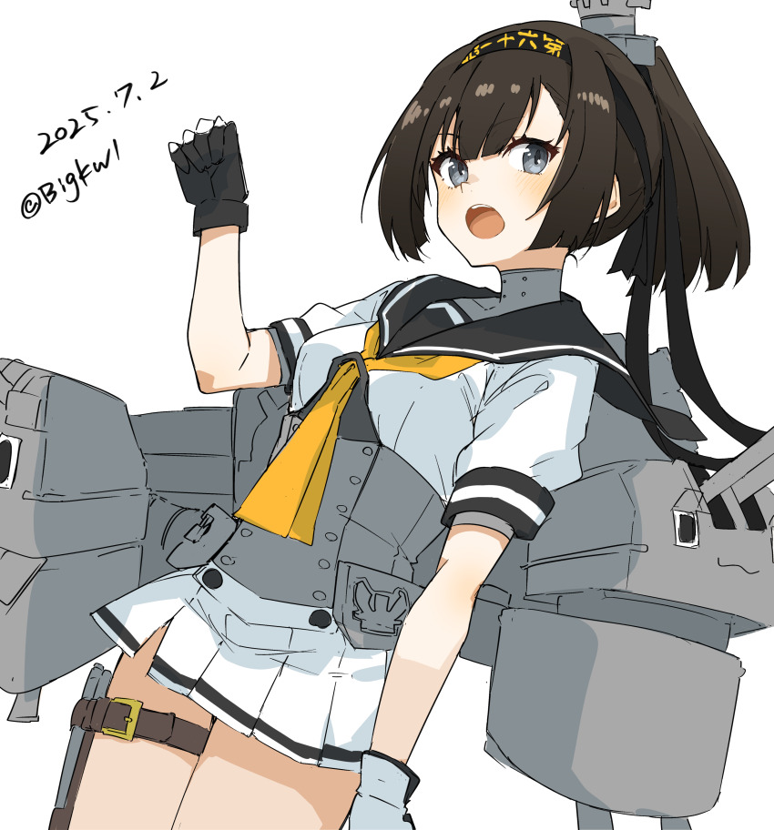 1girl absurdres akizuki_(kancolle) bigkwl black_gloves black_hair black_headband breasts chou-10cm-hou-chan chou-10cm-hou-chan_(akizuki&#039;s) clothes_writing corset dated gloves grey_eyes hachimaki headband highres kantai_collection long_hair medium_breasts miniskirt neckerchief pleated_skirt ponytail rigging school_uniform serafuku short_sleeves skirt solo two-tone_gloves white_background white_gloves white_skirt yellow_neckerchief