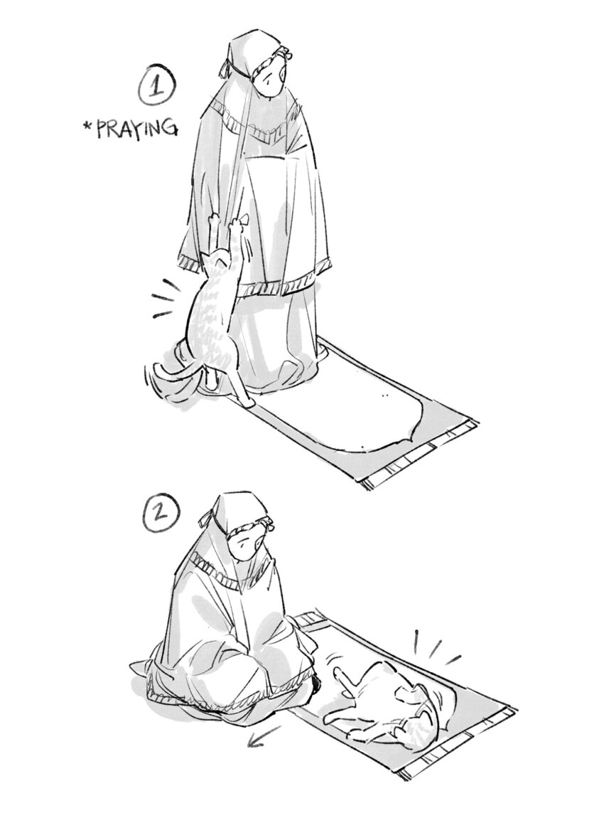 1girl 1other arrow_(symbol) carpet cat dress english_text gown guide highres hijab kneeling mat monochrome muslim original praying sketch tail tail_wagging winchestermegg
