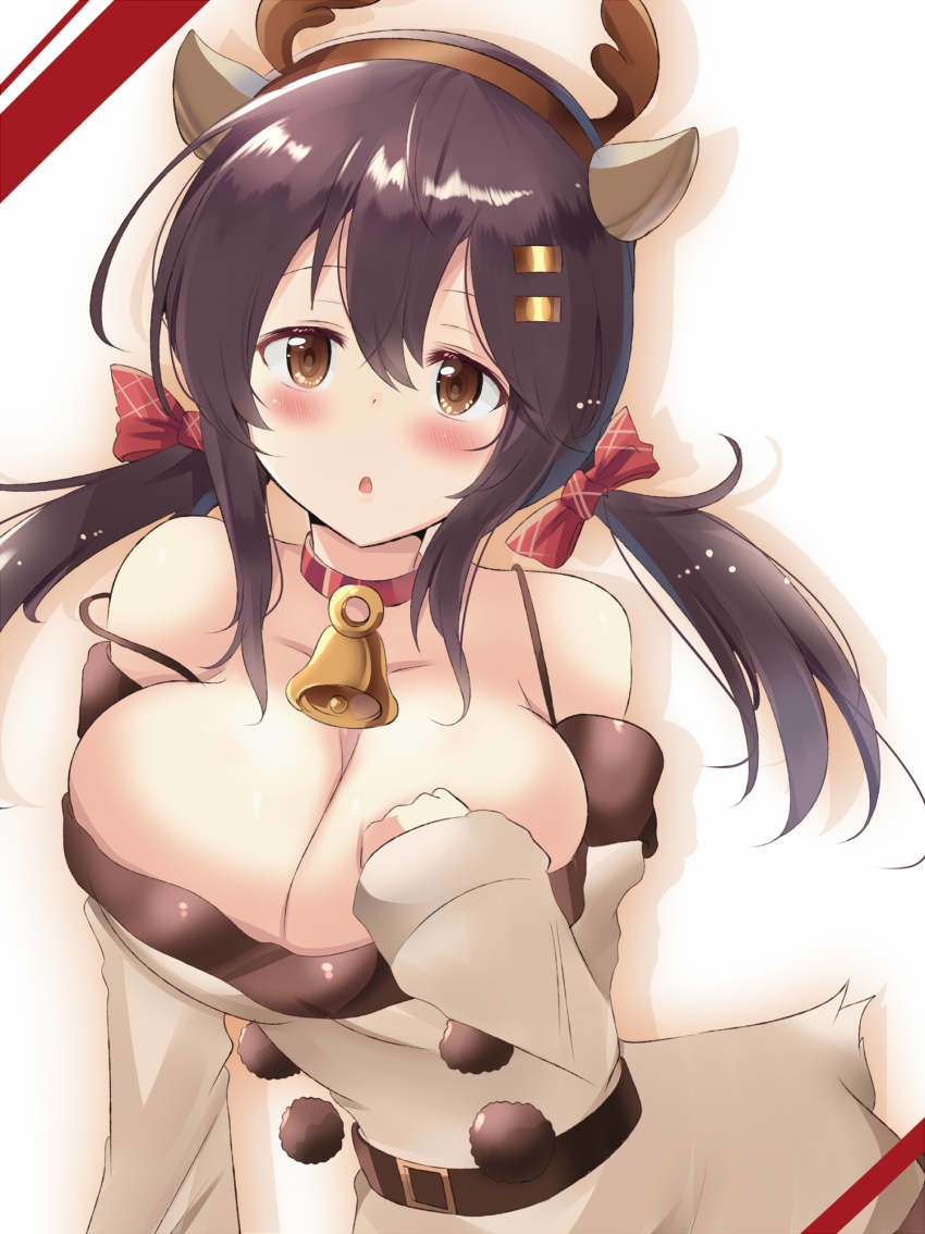 1girl alternate_costume antlers azur_lane beige_dress bell belt blush bow breasts breasts_out brown_eyes chestnut_mouth choker christmas cleavage clutching_chest collarbone commentary_request dress hair_between_eyes hair_bow hair_ornament hairclip headband highres horns large_breasts long_hair looking_at_viewer nagara_(azur_lane) neck_bell off-shoulder_dress off_shoulder pom_pom_(clothes) red_bow reindeer_antlers shadow solo spaghetti_strap tonchinkan twintails white_background