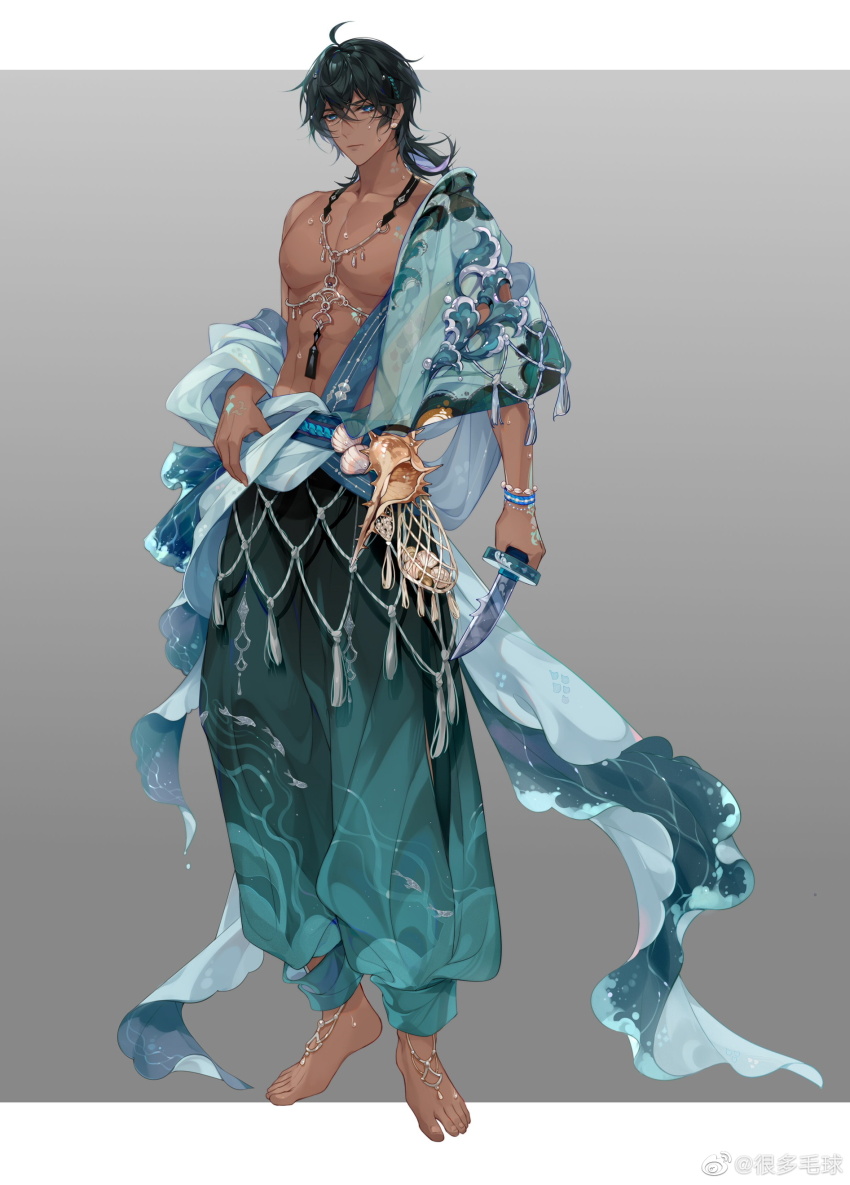 1boy absurdres ahoge animal_print anklet aqua_pants aqua_robe arm_at_side bare_pectorals barefoot black_hair black_pants black_sash blue_eyes blue_sash border bracelet chinese_clothes chinese_commentary clam closed_mouth dagger dark-skinned_male dark_skin dongfang_mao_qiu earrings expressionless fish_print fishing_net full_body gradient_pants grey_background hair_between_eyes hand_on_own_hip hand_tattoo highres holding holding_dagger holding_knife holding_weapon hua_yi_shanxin_zhiyue jewelry knife letterboxed looking_at_viewer male_focus medium_hair multicolored_hair neck_tassel necklace nipples official_art open_clothes open_robe outside_border pants pectorals print_pants print_robe puffy_pants robe sash scales seashell see-through_clothes see-through_robe shell shell_earrings simple_background single_bare_shoulder solo standing streaked_hair stud_earrings tassel tattoo three-quarter_sleeves toned toned_male water_drop watermark wave_print weapon weibo_watermark white_border wide_sleeves wolf_cut xia_tai