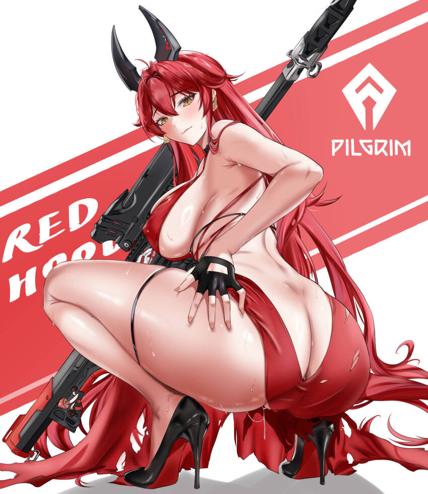 1girl anus anus_peek ass ass_focus beatheart black_gloves black_horns black_shoes breasts butt_crack cleavage clothing_cutout covered_erect_nipples dress english_text fingerless_gloves from_behind gloves goddess_of_victory:_nikke gun hair_between_eyes high_heels highres holding holding_gun holding_weapon horns large_breasts long_hair looking_at_viewer looking_back mechanical_horns official_alternate_costume pussy_juice red_background red_dress red_hood_(nikke) red_hood_(nonsense_red)_(nikke) revealing_clothes rifle shoes simple_background sniper_rifle solo squatting stiletto_heels thigh_strap two-tone_background very_long_hair weapon white_background yellow_eyes
