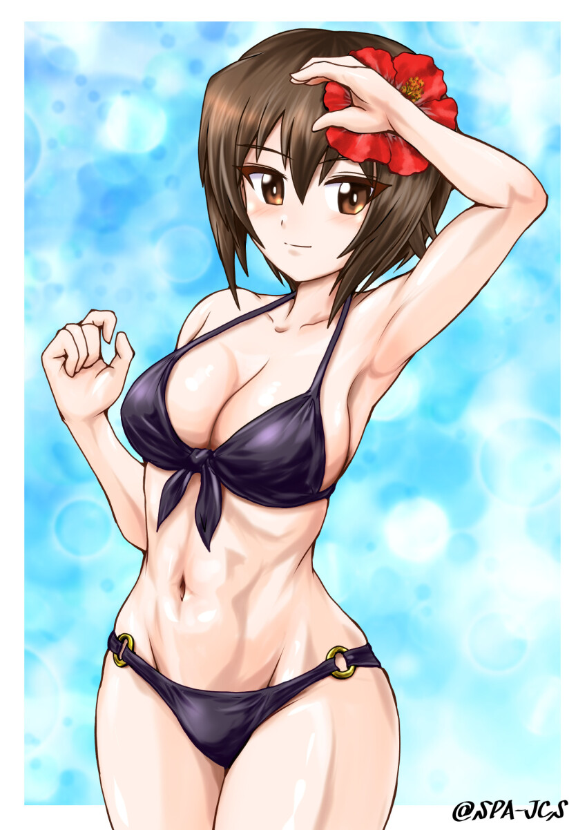 1girl bikini black_bikini blonde_hair breasts brown_eyes flower girls_und_panzer hair_flower hair_ornament highres large_breasts looking_at_viewer navel nishizumi_maho nspa_(spa-jcs) short_hair simple_background solo standing swimsuit