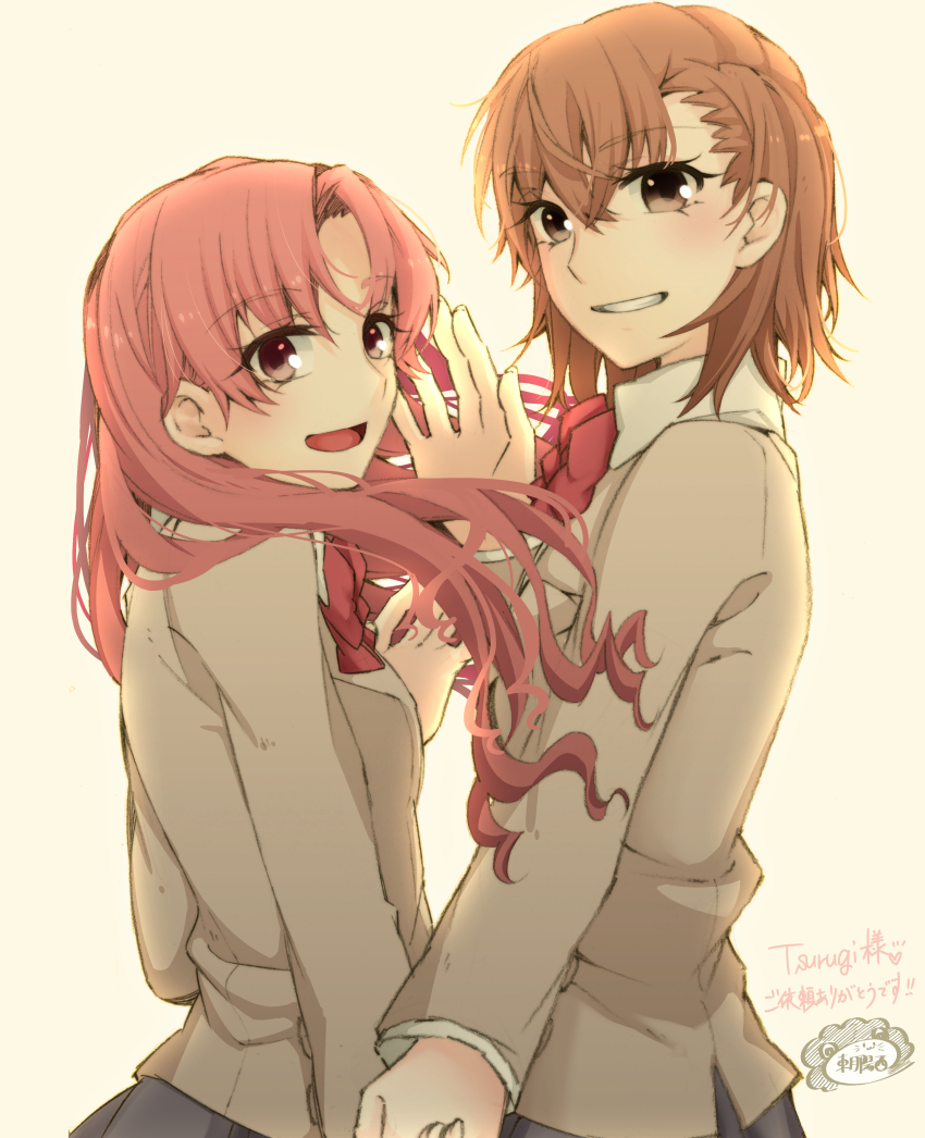 2girls :d absurdres alternate_hairstyle black_skirt blazer blush bow brown_eyes brown_hair brown_jacket collared_shirt dress_shirt hair_between_eyes higashizukihi_sei highres holding_hands interlocked_fingers jacket long_hair long_sleeves looking_at_viewer medium_hair misaka_mikoto multiple_girls open_mouth pink_eyes pink_hair pleated_skirt red_bow red_hair ribbon school_uniform shirai_kuroko shirt short_hair simple_background skirt smile toaru_kagaku_no_railgun toaru_majutsu_no_index tokiwadai_school_uniform upper_body wavy_hair white_background yuri