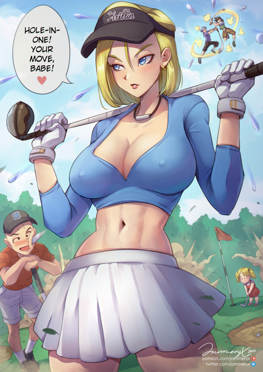 2girls 3boys aerial_battle android_18 ball baseball_cap battle blonde_hair blue_eyes blue_sky blush bob_cut breasts cleavage commentary covered_erect_nipples crater crop_top destruction dragon_ball dragonball_z duel earrings english_commentary english_text family father_and_daughter flag golf golf_ball golf_club hat highres holding holding_golf_club in_the_face jammeryx jewelry kuririn large_breasts long_sleeves marron_(dragon_ball) midriff miniskirt mother_and_daughter motion_blur multiple_boys multiple_girls navel parted_lips pendant playing_sports pleated_skirt short_hair skirt sky solo_focus son_goten speech_bubble stomach trunks_(dragon_ball) visor_cap white_background white_skirt