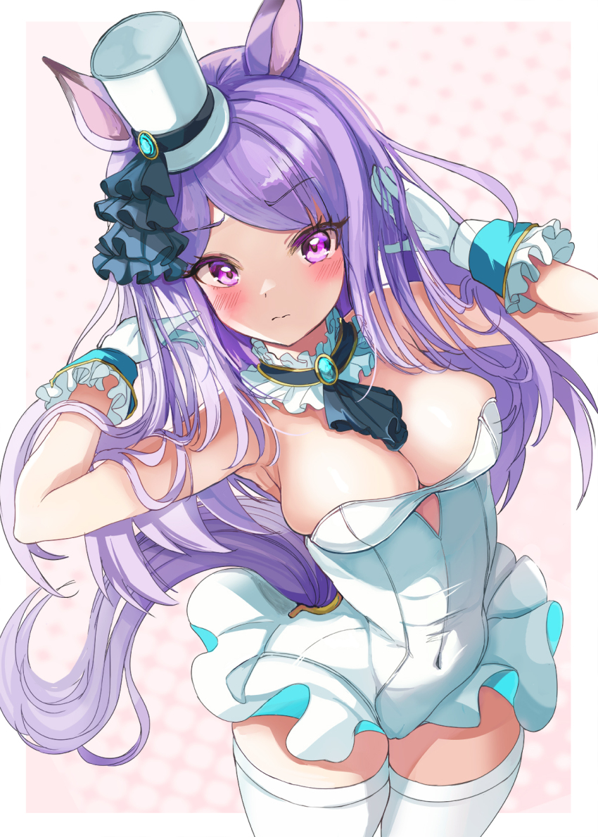 1girl adapted_costume animal_ears armpits ascot bare_shoulders black_ascot blush breasts cleavage closed_mouth commentary_request covered_navel cowboy_shot frilled_gloves frilled_leotard frills gloves hanamura_pink hat highres horse_ears horse_girl horse_tail leotard long_hair looking_at_viewer medium_breasts mejiro_mcqueen_(end_of_sky)_(umamusume) mejiro_mcqueen_(umamusume) mini_hat mini_top_hat purple_eyes purple_hair solo tail thighhighs tilted_headwear top_hat umamusume white_gloves white_hat white_leotard white_thighhighs