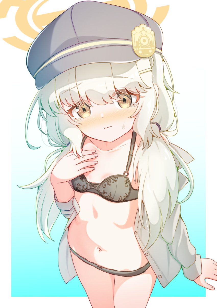 1girl absurdres aoba_(blue_archive) black_bra black_panties blue_archive blue_background blue_hat blush bra breasts fluffy_hair halo hat highres long_hair long_sleeves looking_at_viewer navel open_clothes open_shirt panties ratemaru shirt small_breasts solo two-tone_background underwear white_background white_shirt yellow_eyes yellow_halo