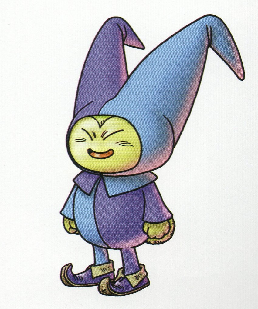1boy blue_bodysuit bodysuit clenched_hands closed_eyes colored_skin dragon_quest dragon_quest_x full_body hat hero_(dq10) highres jester_cap male_focus official_art open_mouth puklipo purple_bodysuit scan solo tail third-party_source toriyama_akira two-tone_bodysuit white_background yellow_fur yellow_skin