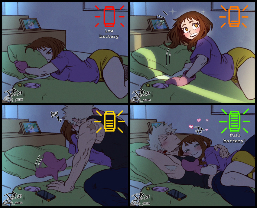 1boy 1girl armpit_hair armpits bakugou_katsuki bed blonde_hair blush boku_no_hero_academia breasts brown_eyes brown_hair debby-san dimples gloves hetero highres kiss large_breasts lying_on_person medium_hair muscular muscular_male pectoral_grab pectoral_pillow phone pillow symbol-shaped_pupils tank_top uraraka_ochako