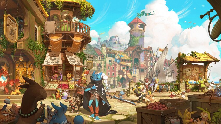 azumarill balcony barrel basket bead_necklace beads black_cloak blue_sky breloom building bulletin_board character_request charizard chespin chingling cloak cloud cobblestone commentary crate crawdaunt day delphox duskull eevee english_commentary flag food frogadier fruit fuecoco furret game_freak gen_1_pokemon gen_2_pokemon gen_3_pokemon gen_4_pokemon gen_5_pokemon gen_6_pokemon gen_7_pokemon gen_8_pokemon goomy grotle helioptile highres holding holding_polearm holding_weapon indeedee indeedee_(male) ivy jewelry kecleon krokorok minccino necklace nintendo no_humans nuzleaf observatory ocean oricorio oricorio_(baile) oricorio_(pom-pom) oricorio_(sensu) outdoors petilil pikachu pokemon polearm port quagsire quaxly realspacejunk road rope sailing_ship sceptile scrafty scraggy seedot shop shore sky sneasel snivy snover spear sprigatito street sunlight tower town treasure_chest umbreon weapon whimsicott wigglytuff window wingull wooper