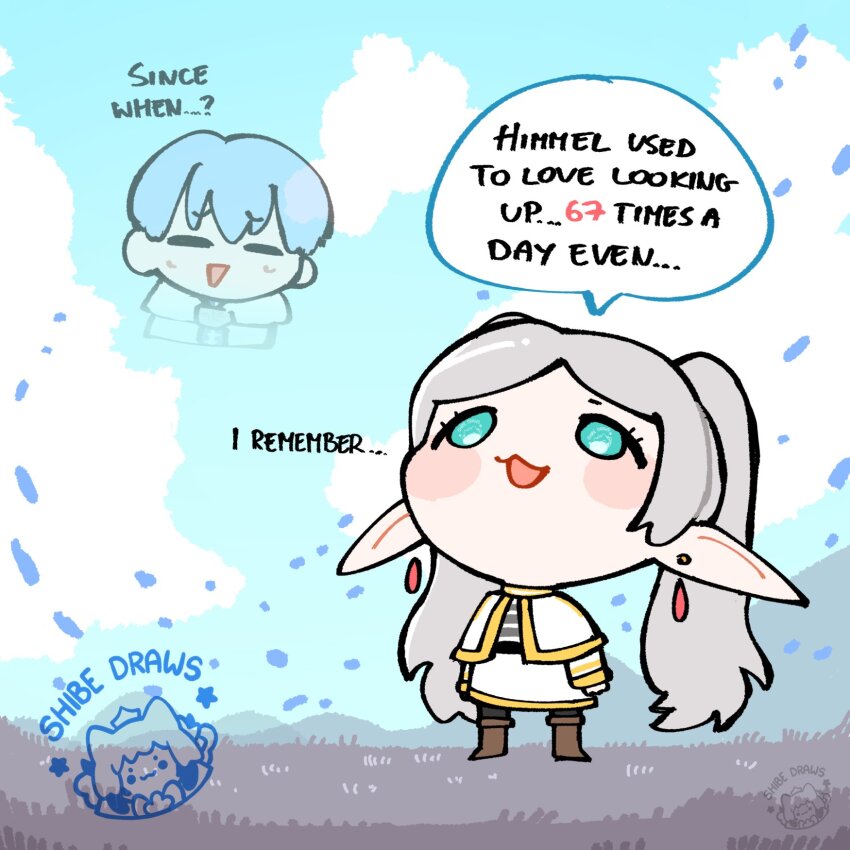 1boy 1girl 67_(meme) blue_eyes blue_hair blue_sky blush capelet chibi closed_eyes cloud earrings elf english_text floating_earrings frieren green_eyes grey_hair head_back highres himmel_(sousou_no_frieren) jewelry long_hair long_pointy_ears long_sleeves looking_up meme open_mouth pantyhose parted_bangs petals pointy_ears shibedraws shirt short_hair skirt sky smile sousou_no_frieren teardrop_earrings twintails upward_angle_frieren_drawing_(meme) white_capelet white_hair white_shirt white_skirt