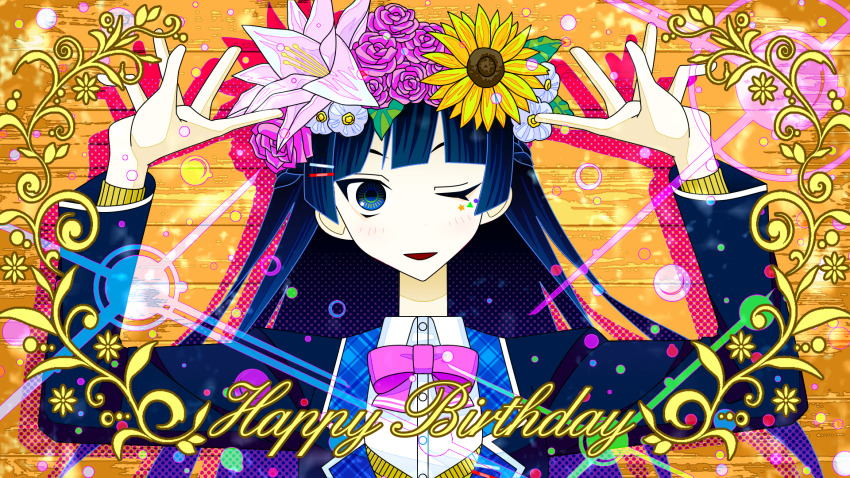 1girl black_jacket blazer blue_hair blush bow bowtie collared_shirt cursive dress_shirt drop_shadow facial_mark floral_border flower hair_flower hair_ornament hairclip half_updo halftone hands_up happy_birthday head_wreath highres hime_cut hinoyama_ena jacket kumeta_kouji_(style) lapels long_hair long_sleeves looking_at_viewer nijisanji one_eye_closed open_mouth parody pink_bow pink_bowtie school_uniform shirt smile solo style_parody tsukino_mito tsukino_mito_(1st_costume) upper_body virtual_youtuber white_shirt wooden_wall yellow_flower
