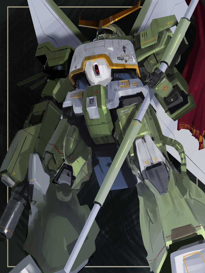 album_cover_redraw arm_cannon commentary derivative_work english_commentary gundam highres hybrid_theory linkin_park looking_up mecha mechanical_wings mobile_suit_gundam reanimation_(linkin_park) red_eyes rintaro_komori robot science_fiction v-fin weapon wings zaku_ii