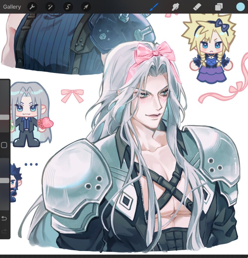 3boys :3 alternate_costume aqua_eyes armor art_program_in_frame black_bow black_coat black_hair black_suit blonde_hair blue_corset blue_eyes blue_shirt bow box braid chest_strap chibi chibi_inset cloud_strife cloud_strife_(blue_dress) coat collared_shirt corset crossdressing dress final_fantasy final_fantasy_vii final_fantasy_vii_remake formal_clothes grey_hair hair_bow hairband heart-shaped_box highres holding holding_box light_blush long_dress long_hair male_focus milkystati0n multiple_boys multiple_views official_alternate_costume parted_bangs pauldrons pink_bow pink_ribbon portrait ribbon sephiroth shirt shoulder_armor sideburns sidelocks single_pauldron smile spiked_hair suit twin_braids white_background zack_fair