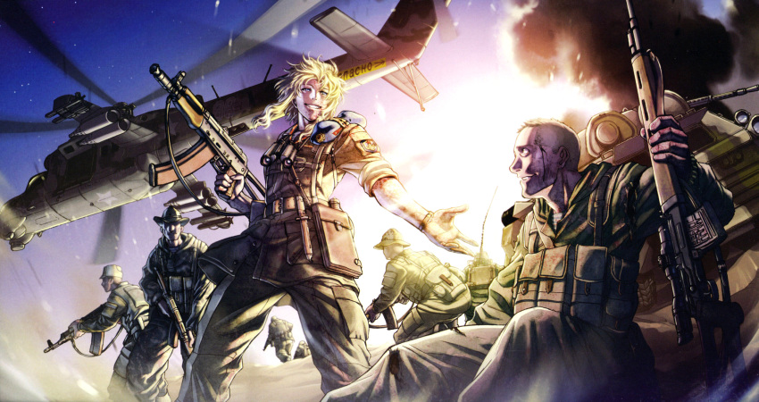1girl 5boys afghanistan aged_down aircraft ak-74 aks-74 aks-74u assault_rifle attack_helicopter balalaika_(black_lagoon) black_lagoon blonde_hair cyrillic dragunov_svd gun helicopter highres hiroe_rei kalashnikov_rifle knife load_bearing_vest mi-24 military_vehicle multiple_boys muzzle_device rifle rocket_launcher rocket_pod russian_text scope shirt smile sniper_rifle soldier soviet striped_clothes striped_shirt telnyashka thumbhole_stock ub-32_(rocket_pod) vdv weapon