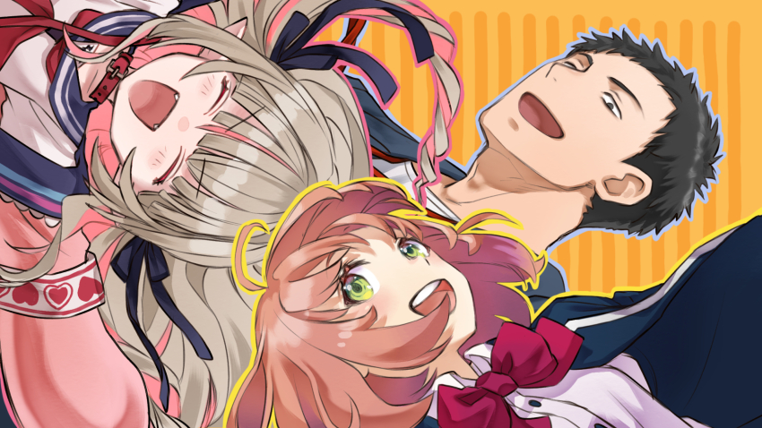 1boy 2girls :d ^_^ ahoge armband black_eyes black_hair black_ribbon blazer blue_jacket blue_outline blue_sailor_collar blunt_bangs blush bow bowtie brown_hair buttons closed_eyes collar collared_shirt commentary_request fangs green_eyes hair_ribbon heart highres honma_himawari honma_himawari_(1st_costume) jacket lanyard long_hair looking_at_viewer makaino_ririmu makaino_ririmu_(4th_costume) medium_hair multicolored_hair multiple_girls neckerchief nijisanji official_alternate_costume open_clothes open_jacket open_mouth orange_background orange_hair outline pink_hair pink_jacket pink_outline pointy_ears red_bow red_bowtie red_collar red_neckerchief ribbon sailor_collar sailor_shirt school_uniform shirt short_hair sidelocks simple_background smile streaked_hair striped_background succo_gura teeth two_side_up upper_teeth_only v-shaped_eyebrows very_short_hair virtual_youtuber white_armband white_shirt wing_collar yashiro_kizuku yashiro_kizuku_(2nd_costume) yellow_outline