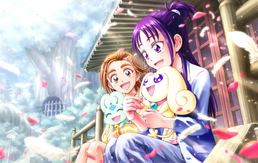2girls :d blue_jacket blue_pants brown_eyes brown_hair choppy day feathers flappy futari_wa_precure_splash_star hair_ornament hairclip holding hyuuga_saki jacket long_hair long_sleeves mishou_mai multiple_girls nakajima_majikana open_clothes open_jacket open_mouth outdoors pants petals ponytail precure purple_eyes purple_hair short_hair short_ponytail sitting smile sunlight white_feathers