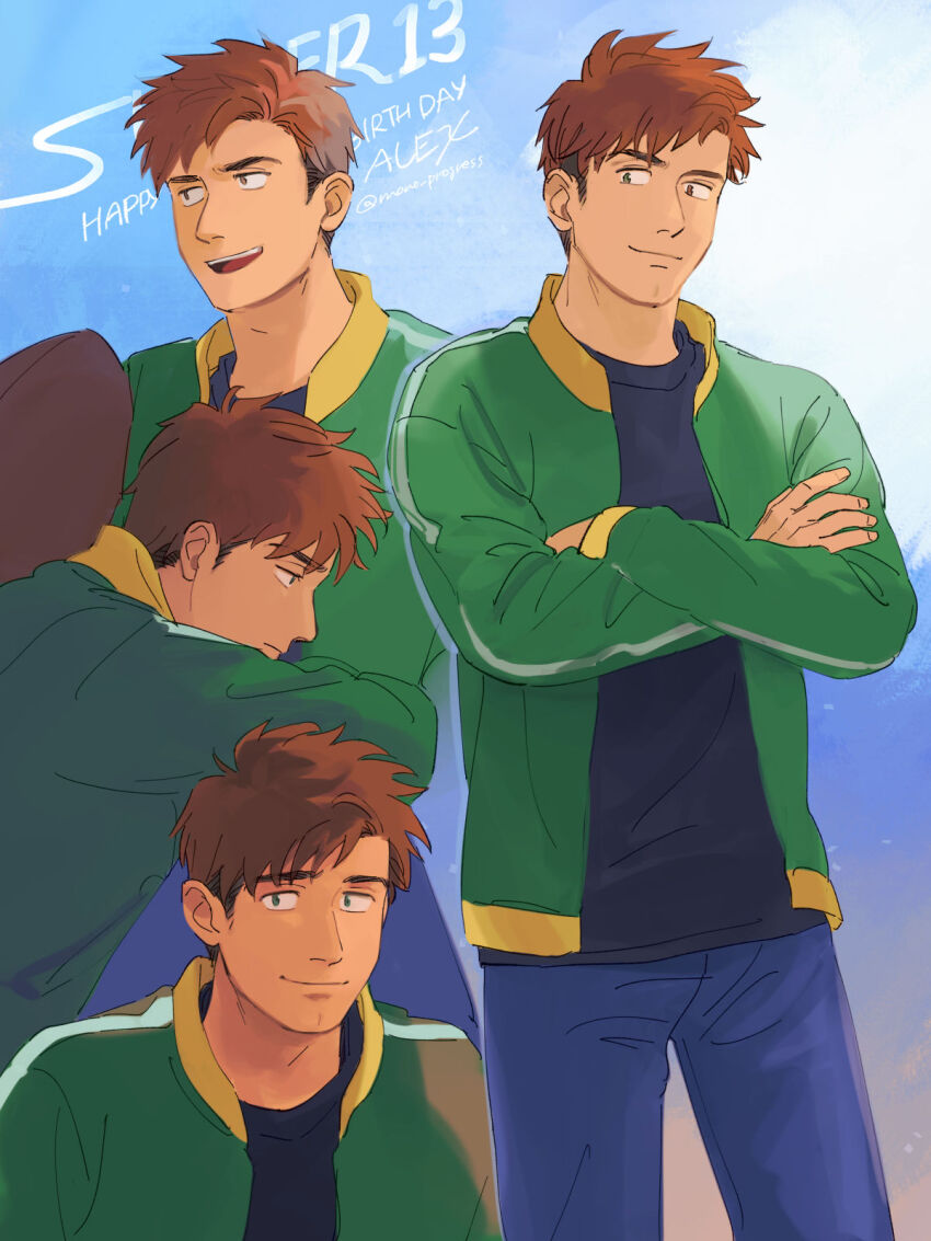 1boy alex_(stardew_valley) american_football_(object) ball black_shirt blue_pants brown_hair character_name closed_mouth cloud collared_jacket crossed_arms denim green_jacket happy_birthday highres hugging_own_legs jacket jeans knees_up long_sleeves looking_at_viewer looking_to_the_side male_focus mono_progress multiple_views open_mouth pants popped_collar shirt short_hair sideways_glance sitting sky smile stardew_valley t-shirt teeth upper_teeth_only