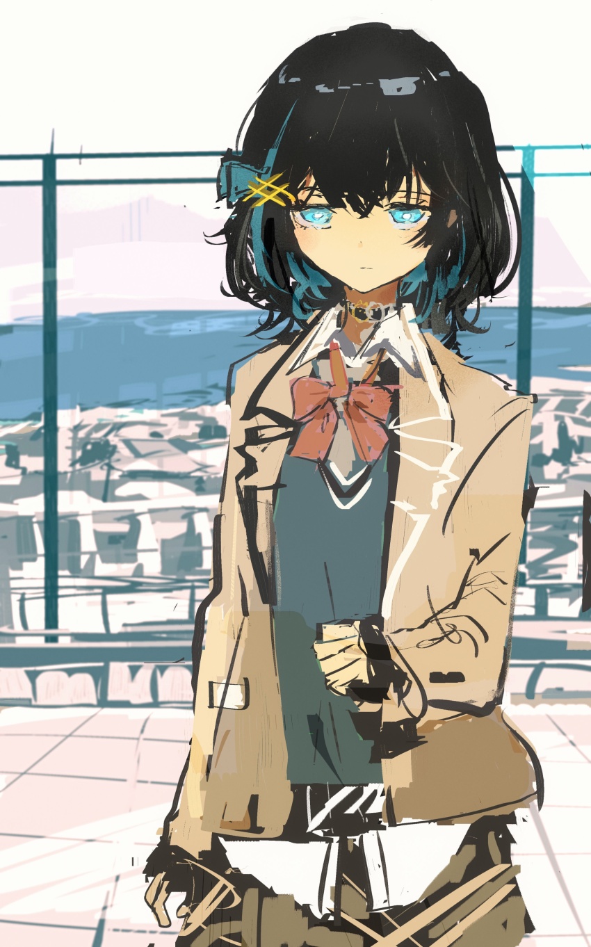 1girl absurdres black_choker black_hair blazer blue_eyes blue_hair bow bowtie brown_jacket choker closed_mouth collared_shirt commentary cowboy_shot expressionless highres jacket kabuyama_kaigi long_sleeves looking_at_viewer medium_hair miyamai_moca multicolored_hair open_clothes open_jacket orange_bow orange_bowtie pleated_skirt rooftop school_uniform shirt skirt solo standing streaked_hair sweater_vest synthesizer_v untucked_shirt white_shirt