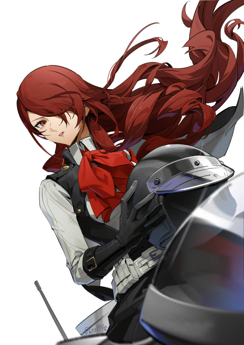 1girl absurdres belt black_gloves black_skirt black_vest gloves hair_over_one_eye helmet highres holding holding_helmet kirijou_mitsuru lee999nine long_hair long_sleeves looking_at_viewer motor_vehicle motorcycle motorcycle_helmet parted_lips persona persona_3 red_eyes red_hair shirt simple_background skirt solo twitter_username very_long_hair vest white_background