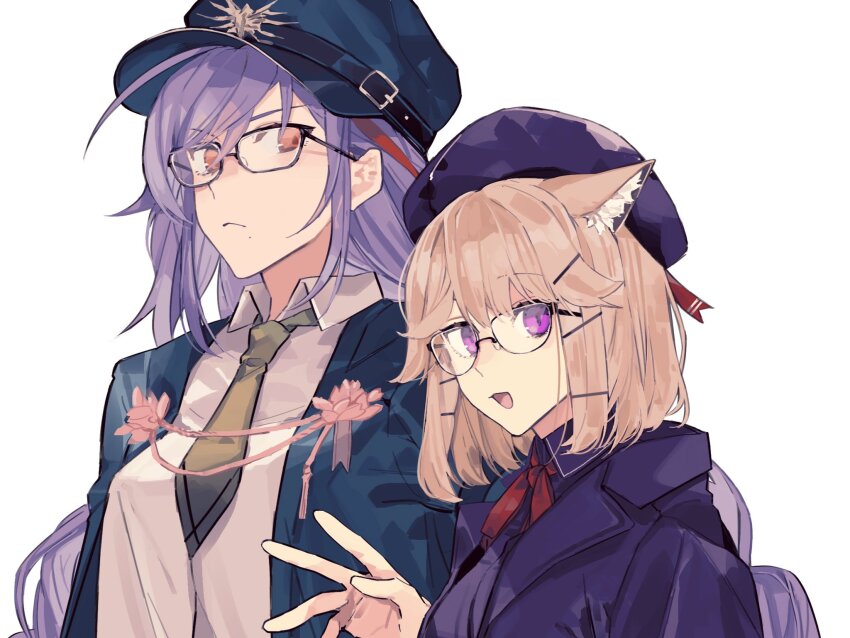 2girls akafuyu_(arknights) akafuyu_(temperament)_(arknights) animal_ear_fluff arknights beret bespectacled blazer blue_hair blue_headwear blue_jacket bow bowtie braid breasts brown_hair closed_mouth collared_shirt commentary frown glasses green_necktie hair_ornament hairclip hand_up hat highres jacket long_hair looking_at_viewer medium_breasts multiple_girls necktie official_alternate_costume open_mouth orange_eyes peaked_cap purple_eyes purple_headwear purple_jacket red_bow red_bowtie shirt short_hair shouganaigame simple_background smile upper_body utage_(arknights) utage_(disguise)_(arknights) waving white_background white_shirt