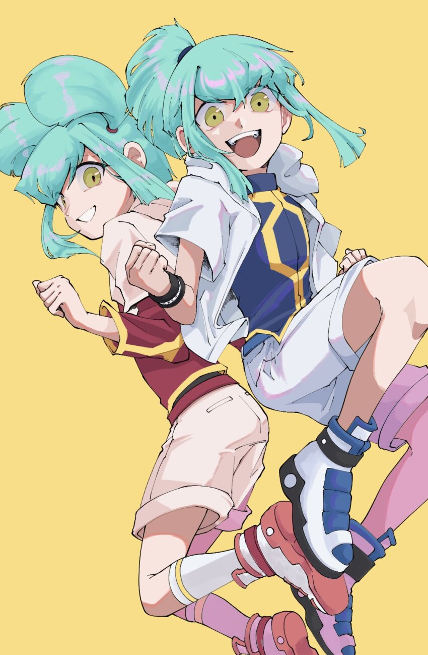 1boy 1girl back-to-back blue_jacket blue_shirt blue_shorts blush brother_and_sister brown_eyes commentary full_body green_hair high_ponytail highres hood hooded_jacket jacket looking_at_viewer lua_(yu-gi-oh!) luca_(yu-gi-oh!) medium_hair open_mouth pink_jacket pink_shorts ponytail red_shirt shirt shorts siblings smile srhdkn symbol-only_commentary teeth twins twintails upper_teeth_only yellow_background yu-gi-oh! yu-gi-oh!_5d&#039;s
