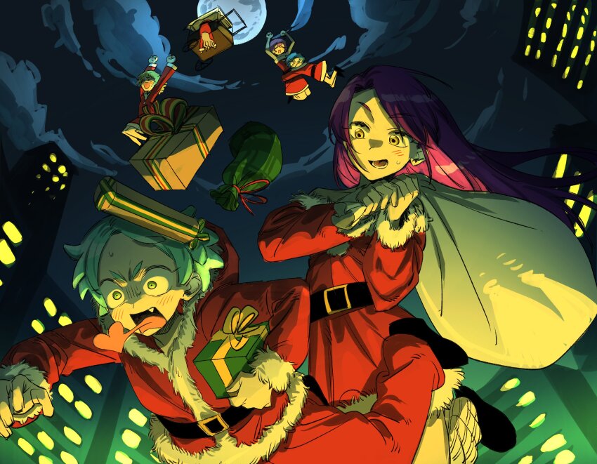 1boy 5girls :d absurdres box christmas city cloud commentary constricted_pupils dorothy_west falling fur-trimmed_jacket fur_trim gamja5126 gift gift_box green_eyes green_hair highres holding holding_gift holding_sack idol_time_pripara jacket koda_michiru long_hair long_sleeves moon multiple_girls night night_sky nijiiro_nino open_mouth outdoors pants pretty_series pripara purple_hair red_jacket red_pants reona_west sack santa_costume short_hair sky smile symbol-only_commentary tongue tongue_out toudou_shion wide-eyed yumekawa_yui