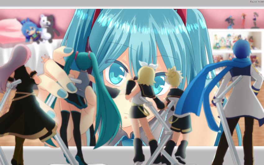 1girl aqua_(konosuba) blue_hair blurry blurry_background commentary danganronpa_(series) dated_commentary english_commentary figma figure hatsune_miku holding indoors kagamine_len kagamine_rin kaito_(vocaloid) kimoicchi kono_subarashii_sekai_ni_shukufuku_wo! looking_at_viewer megurine_luka monokuma nail_polish shelf twintails vocaloid