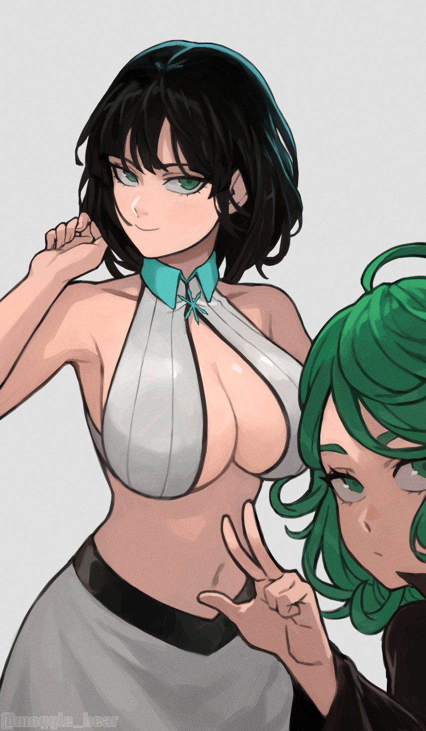 -inoue_orihime_(cosplay) 2girls absurdres armpit_crease artist_name black_hair bleach bleach:_sennen_kessen-hen breast_envy breasts cleavage cleavage_cutout closed_mouth clothing_cutout cosplay female_focus fubuki_(one-punch_man) green_eyes green_hair highres inoue_orihime looking_at_viewer matching_hair/eyes midriff mogglebear multiple_girls navel one-punch_man ooking_at_viewer short_hair siblings simple_background sisters sleeveless smile tatsumaki twitter_username v w white_background