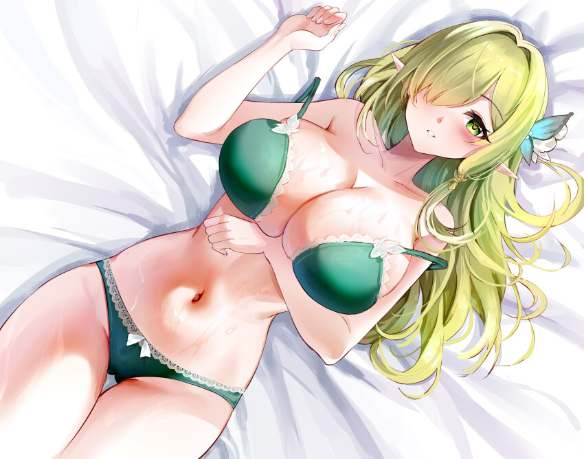 1girl absurdres akusamu azur_lane bare_shoulders bra breasts butterfly_hair_ornament cleavage de_zeven_provincien_(azur_lane) de_zeven_provincien_(snuggling_for_warmth)_(azur_lane) elf from_above green_bra green_eyes green_panties hair_intakes hair_ornament hair_over_one_eye heart heart-shaped_pupils highres huge_breasts lace lace-trimmed_bra lace-trimmed_panties lace_trim long_hair looking_at_viewer lying navel official_alternate_costume on_back on_bed panties pointy_ears solo symbol-shaped_pupils thigh_gap underwear