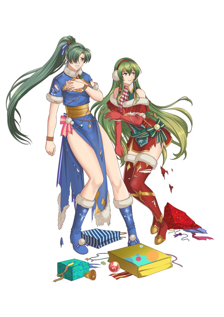 2girls absurdres autumn-sacura blue_dress boots christmas cleavage_cutout clothing_cutout dress elbow_gloves erinys_(fire_emblem) fire_emblem fire_emblem:_genealogy_of_the_holy_war fire_emblem:_the_blazing_blade fire_emblem_heroes fur_trim gloves green_eyes green_hair hair_over_one_eye highres long_hair lyn_(fire_emblem) multiple_girls nintendo ponytail red_dress red_gloves second-party_source side_slit simple_background thigh_boots torn_clothes white_background