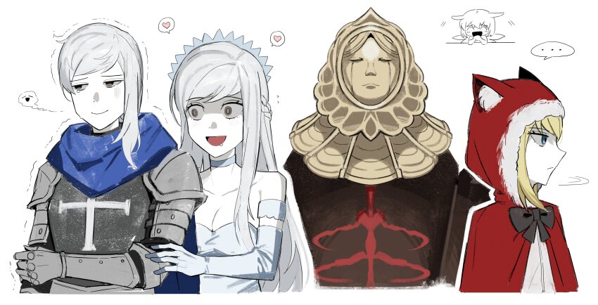 ... 1boy 4girls absurdres animal_ears armor asdf1211950 black_bow black_bowtie black_souls blonde_hair blue_cape bow bowtie breasts brown_eyes cape choker cinderella_(black_souls) cleavage closed_mouth crown dress elisabeth_(black_souls) full_armor grey_eyes half_updo heart highres hood hooded_cape izu_(black_souls) leaf_(black_souls) long_hair mother_and_daughter multiple_girls off-shoulder_dress off_shoulder open_mouth red_cape red_hood_(black_souls) short_hair sidelocks smile speech_bubble spoken_ellipsis spoken_heart very_long_hair white_choker white_dress white_hair wolf_ears wolf_hood