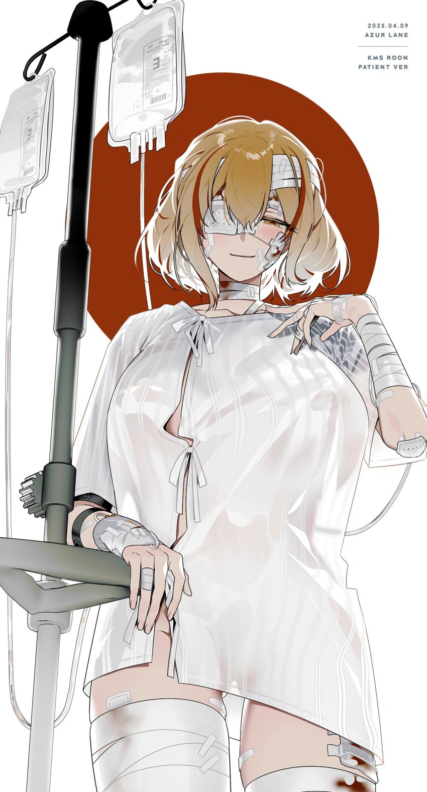 1girl alternate_costume azur_lane bandaged_arm bandages blonde_hair brown_eyes highres hospital_gown intravenous_drip iv_stand multicolored_hair mzet red_hair red_pupils roon_(azur_lane) smile solo streaked_hair two-tone_hair