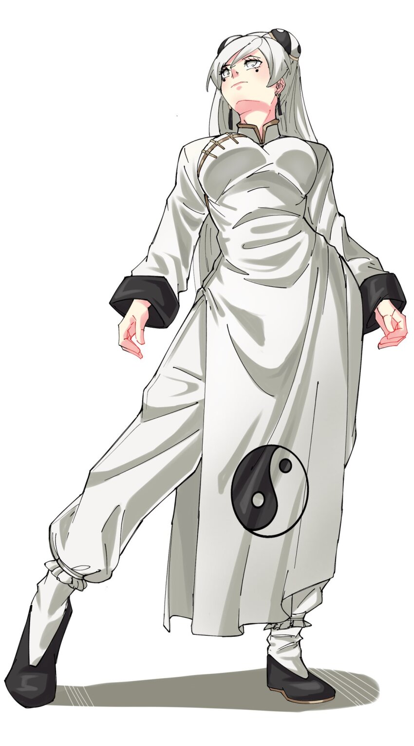 1girl china_dress chinese_clothes dress highres kokoro_no_koibito kung_fu long_hair long_sleeves martial_arts monk original panties self-upload standing tangzhuang underwear white_dress white_hair white_panties