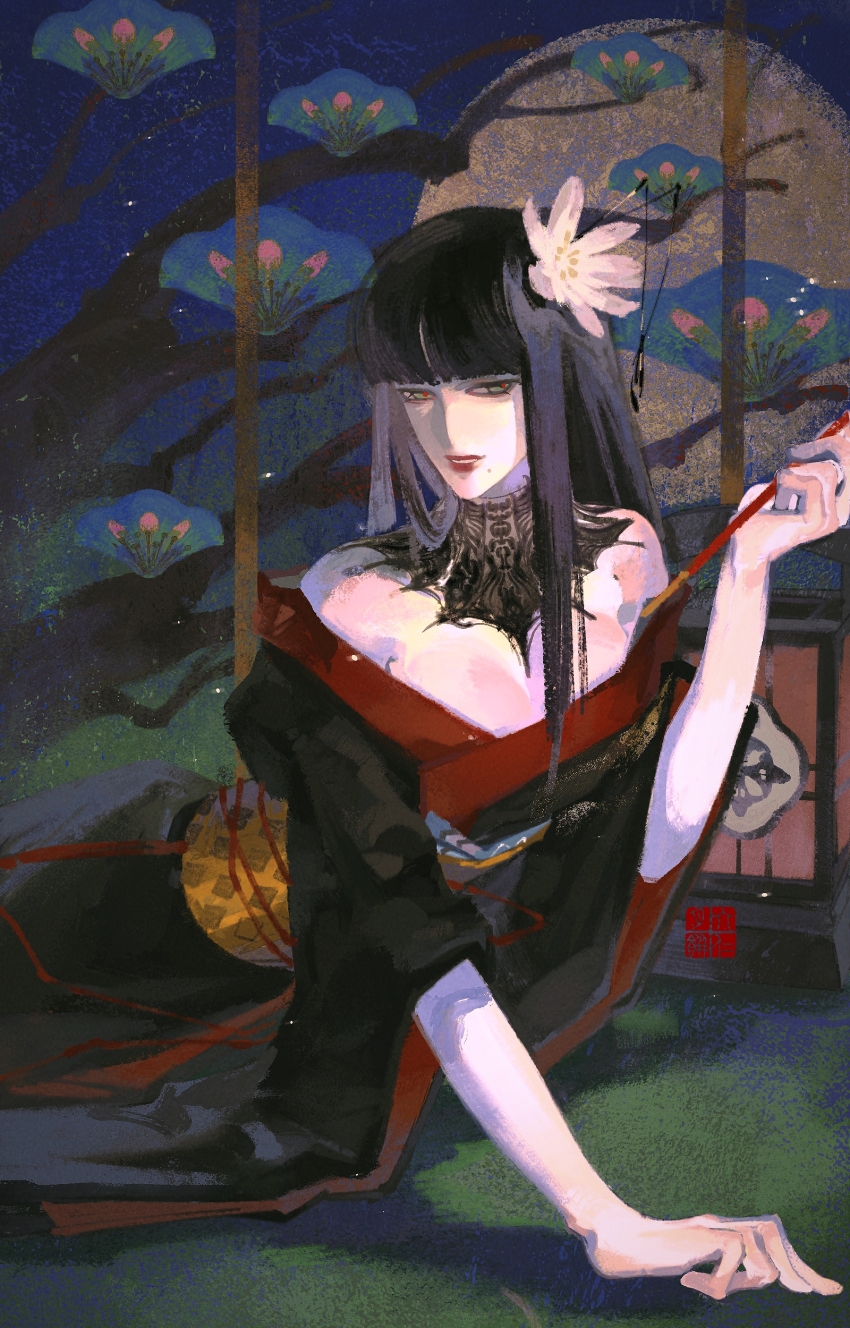 1girl absurdres black_collar black_hair black_kimono blunt_bangs collar commentary cowboy_shot faux_traditional_media final_fantasy final_fantasy_xiv flower full_moon green_eyes hair_flower hair_ornament hand_up highres holding holding_smoking_pipe hyur japanese_clothes kimono kiseru lace_collar lantern liu_ren_yuebing long_hair looking_to_the_side mole mole_under_mouth moon no_lineart obi obijime off_shoulder painterly paper_lantern parted_lips red_lips red_pupils red_trim sash sitting smoking_pipe solo straight_hair yokozuwari yotsuyu_goe_brutus