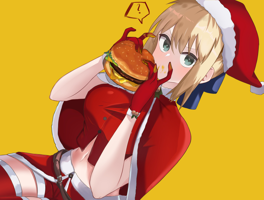 absurdres artoria_pendragon_(fate) bikini blonde_hair blue_pantyhose braid braided_bun burger cheese christmas eating fast_food fate/grand_order fate/stay_night fate_(series) food green_eyes hair_bun hat highres holding holding_burger holding_food ketchup lettuce looking_at_viewer merry_christmas non-web_source pantyhose saber_(fate) santa_bikini santa_costume santa_hat sesame_seeds shokobr swimsuit