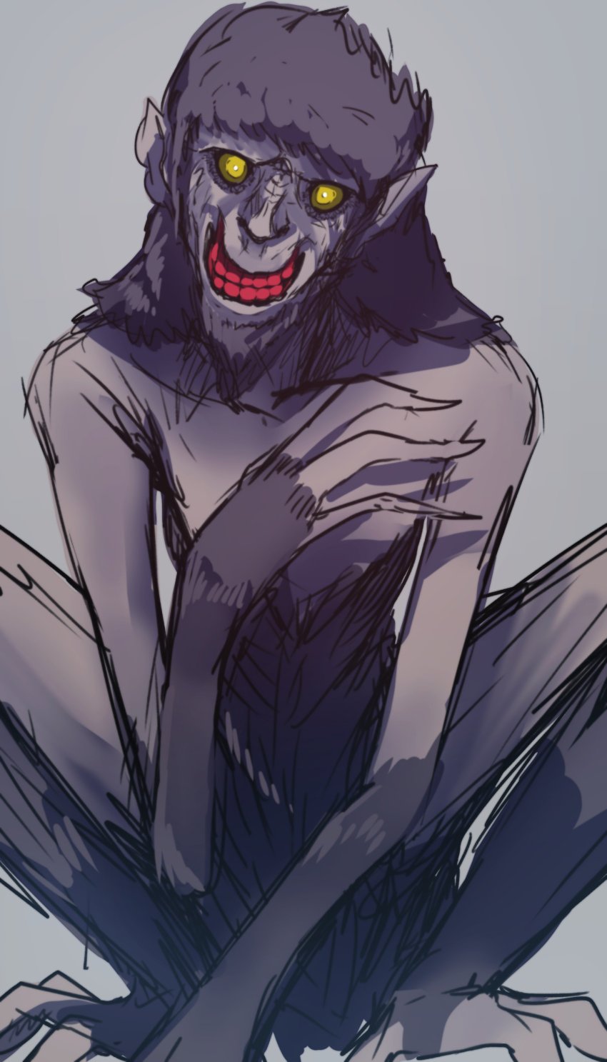 absurdres bad_id bad_twitter_id colored_skin colored_teeth commentary_request evil_grin evil_smile grey_background grey_skin grin hand_up head_tilt highres looking_at_viewer monster no_humans original pointy_ears red_teeth simple_background sketch smile squatting troll wada_kazu yellow_eyes