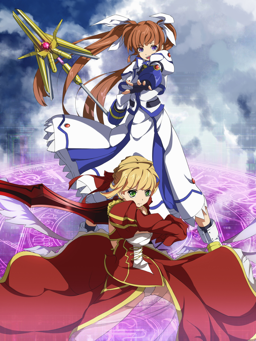00s 10s 2girls absurdres aestus_estus ahoge blonde_hair bow breasts brown_hair cleavage crossover dress epaulettes fate/extra fate/stay_night fate_(series) fingerless_gloves fumi11gou gloves green_eyes hair_bow hair_ribbon highres long_hair lyrical_nanoha magic_circle magical_girl mahou_shoujo_lyrical_nanoha mahou_shoujo_lyrical_nanoha_strikers medium_breasts multiple_girls nero_claudius_(fate) nero_claudius_(fate/extra) purple_eyes raising_heart raising_heart_(exceed_mode) ribbon see-through_clothes sword takamachi_nanoha takamachi_nanoha_(exceed_mode) twintails underwear weapon