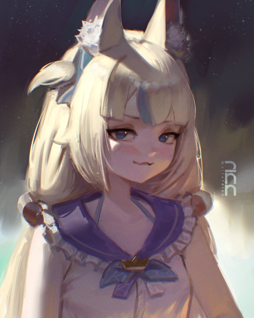 1girl :3 absurdres animal_ear_fluff animal_ears blonde_hair blue_eyes blue_streaks cat_ears closed_mouth dinn_(artofdinn) dress highres indie_virtual_youtuber lifebuoy_hair_ornament long_hair looking_at_viewer one_side_up sailor_dress sameko_saba solo virtual_youtuber white_dress
